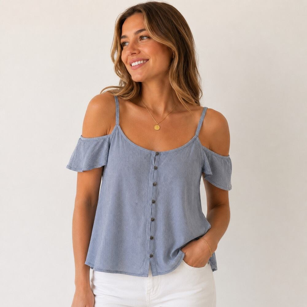 American Eagle Flowy Blue and White pinstripe cold shoulder top. Women XS